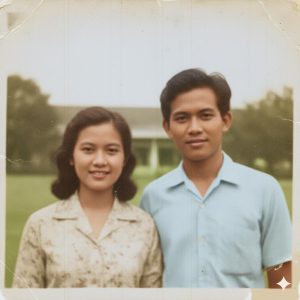 Foto hasil restorasi AI, menunjukkan pasangan muda dengan warna cerah dan detail tajam.